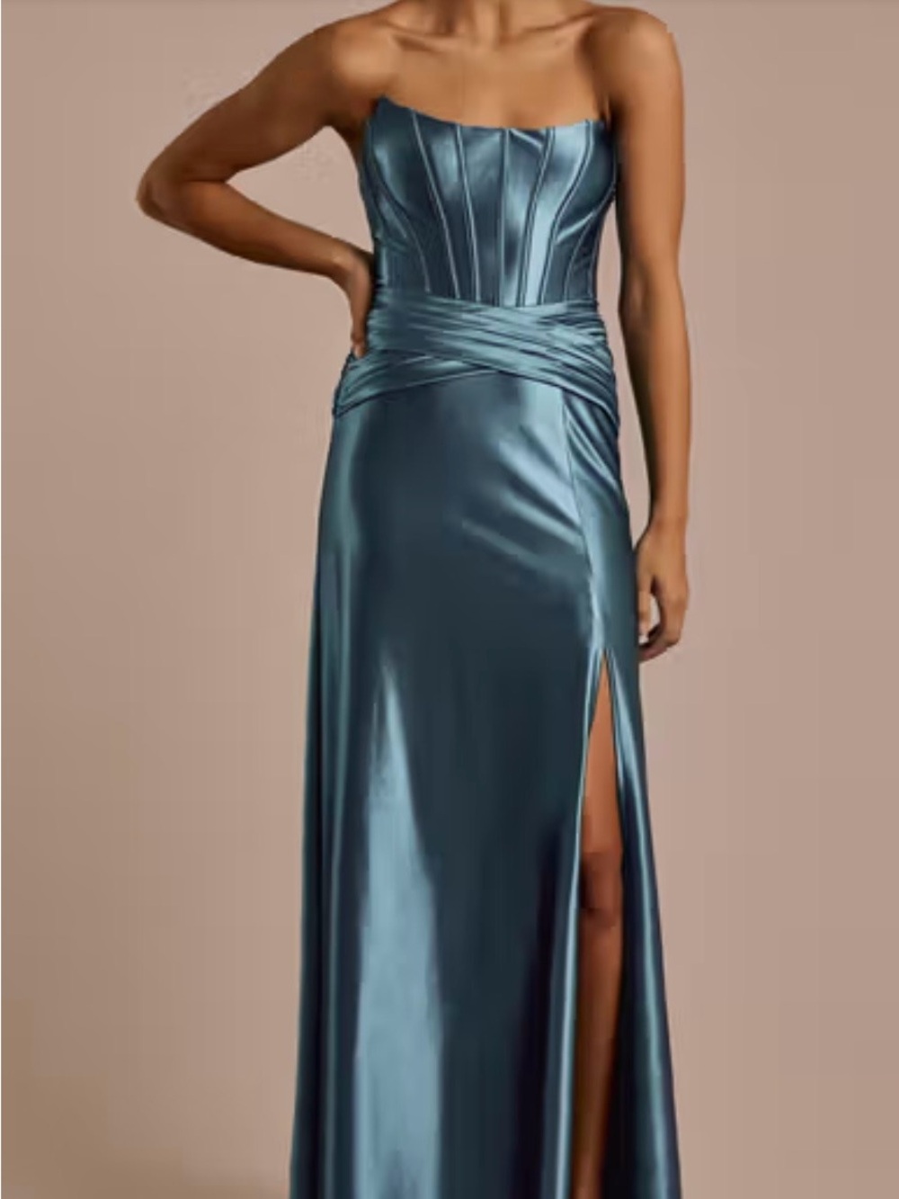 Strapless Satin Corset Evening Gown in Oasis Blue